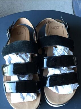 UGG Black Patent and Suede Triple-Strap Sandals